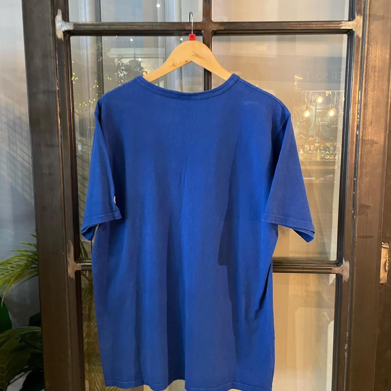 0125A57P - Vintage Retro Essential Blue Champion Embroidered Chest Script Logo Top Tee T-shirt #90s #champion #top #essential #basic