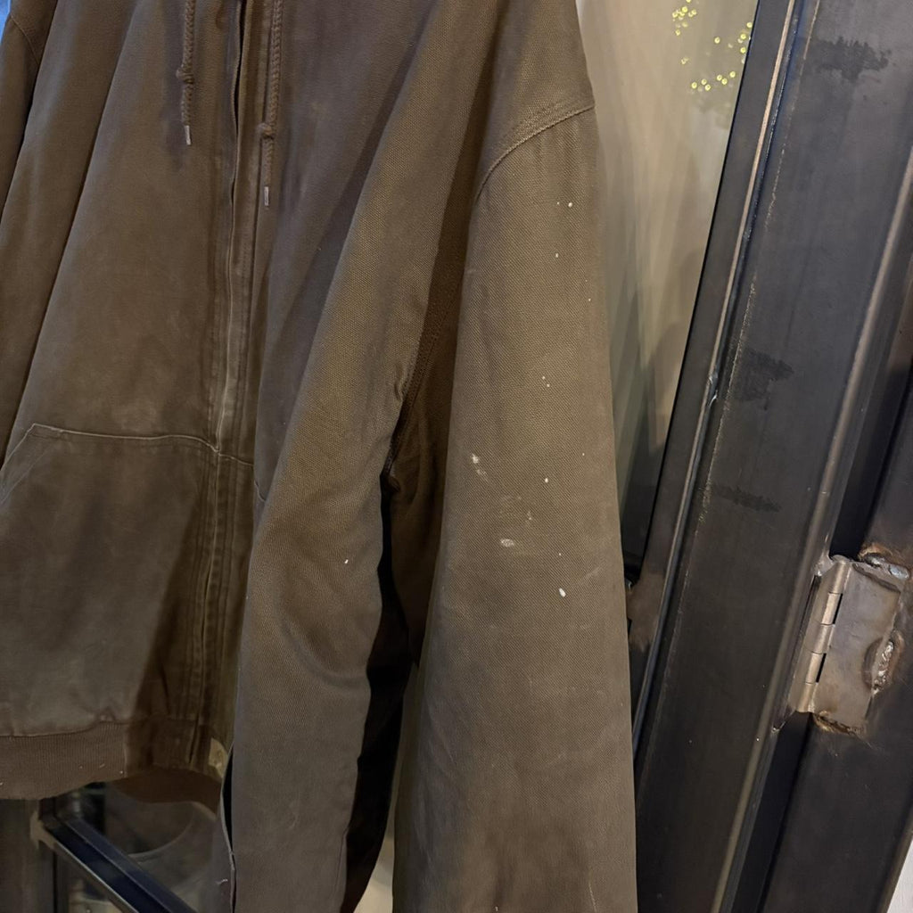 0125A89 - Vintage Retro Wolverine Mocha Chocolate Brown Full Zip Up lined Canvas Hooded Workwear Active Jacket #utility #workwear #activejacket #skater #wideboxy