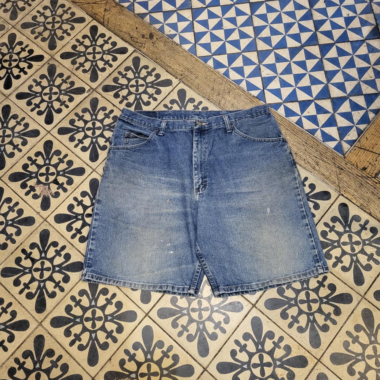 JRT5015 - Vintage Retro Wrangler Blue Wash Denim Jorts Shorts Jorts with detailed embroidered patch logo #jorts #wrangler #y2k #skater #hiphop