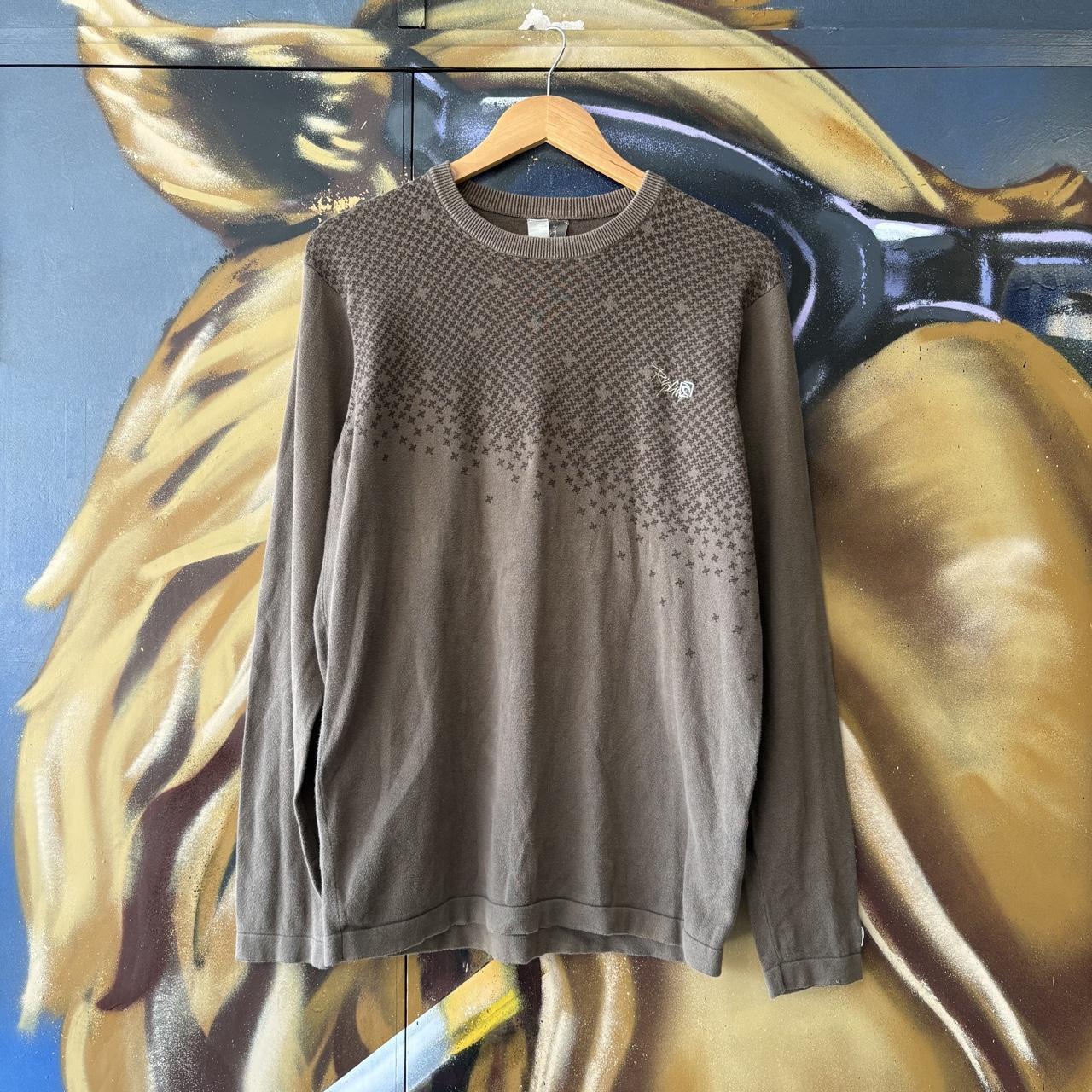 Vintage Ripcurl Sweatshirt Mens Medium Brown Cross Stitch Pattern Graffiti Script Embroidered Logo Knit Jumper Surf Top 90s Y2K 00s