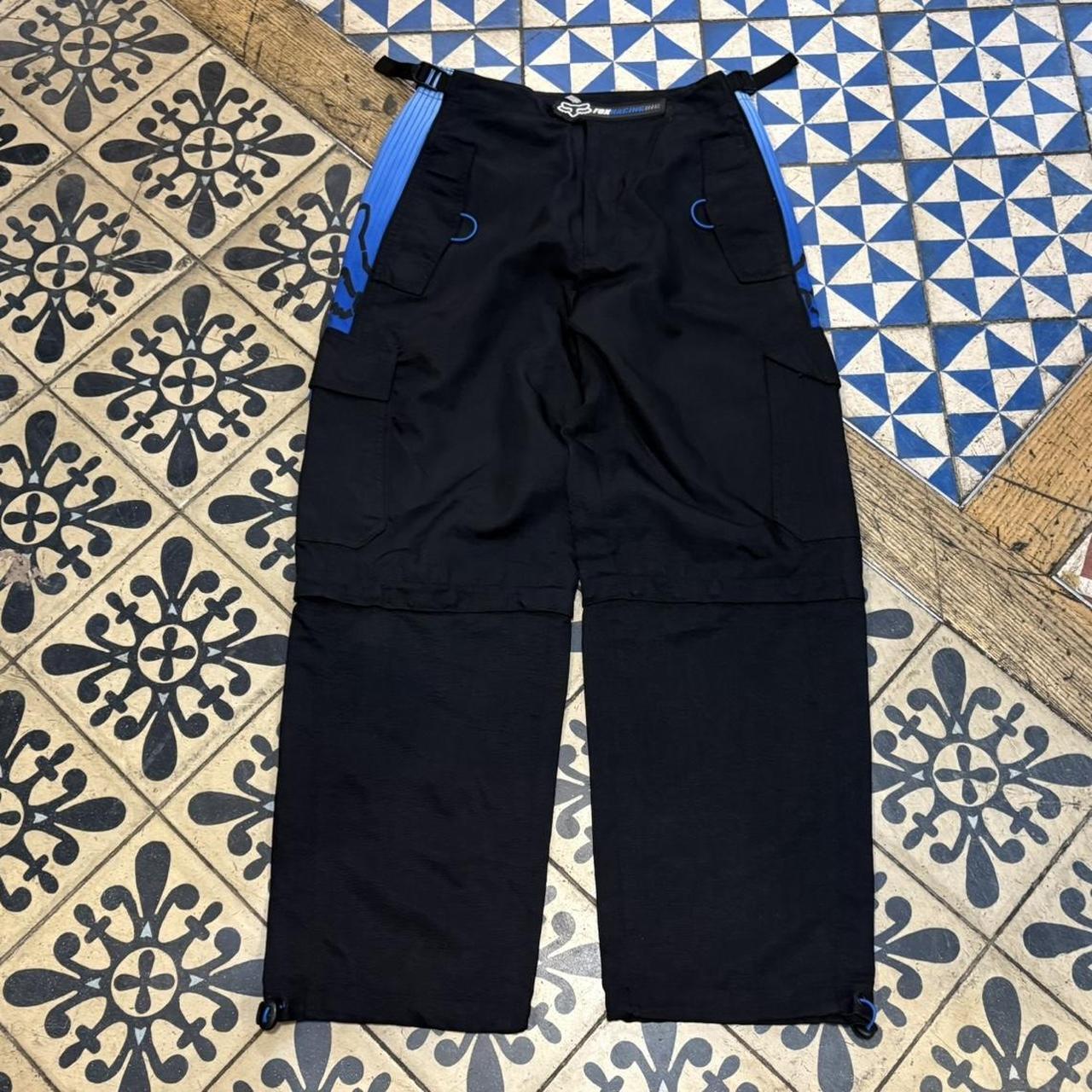 TRW533F - Vintage retro essential Black and Blue Fox Racing Motorcross Cargo Trousers pants with adjustable built in belt #motorcross #motorcylces #racing #foxracing #biker