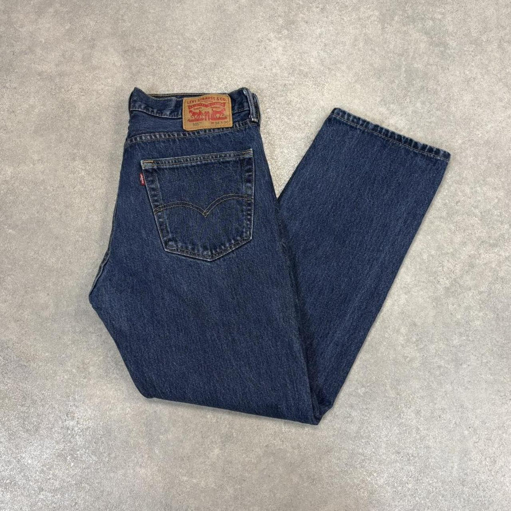 Vintage Dark Blue Wash Levi’s 505 Jeans Mens 34” Straight Leg Denim Trousers Skate Western Vintage Y2K 90s