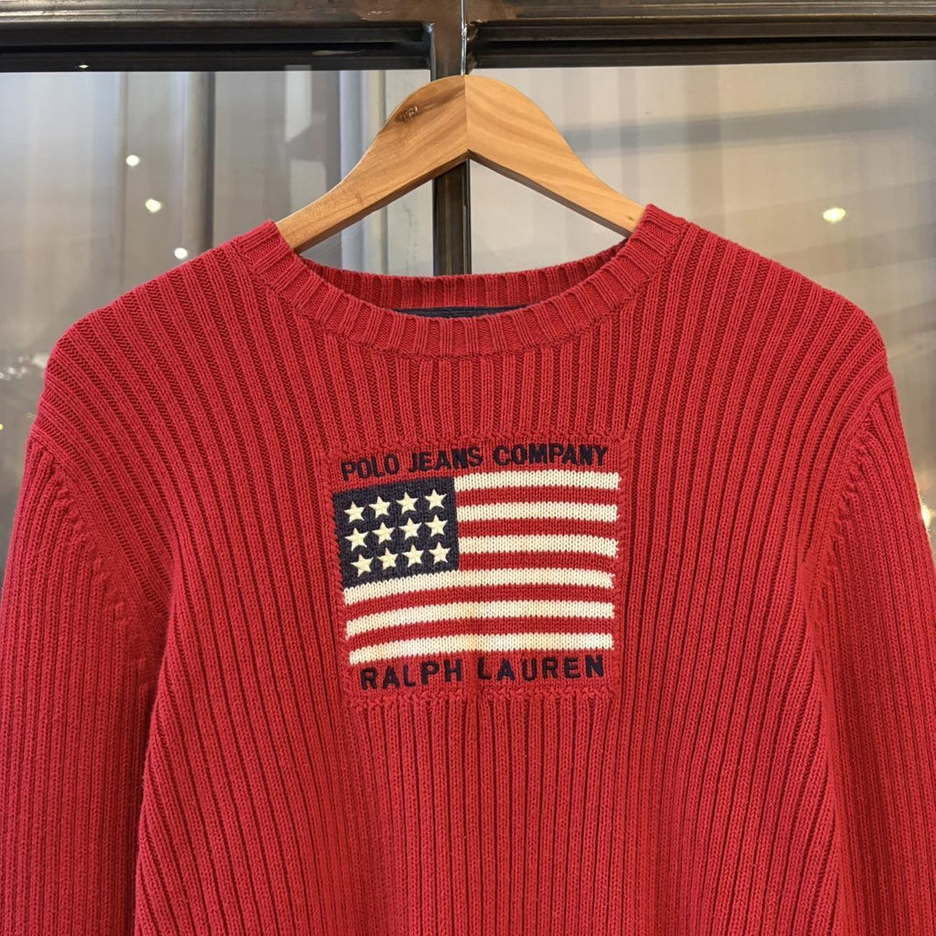 Vintage Polo Ralph Lauren Jumper Womens XL Red Ribbed Knit Sweater Top Big Flag USA Preppy 90s Y2K