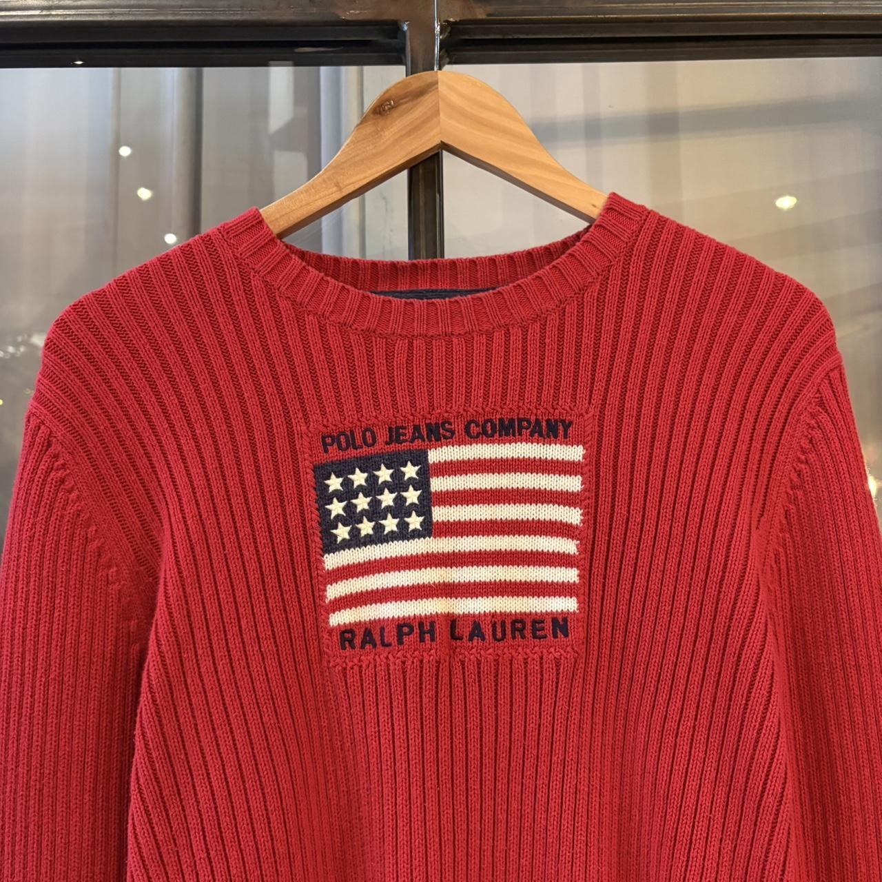 Vintage Polo Ralph Lauren Jumper Womens XL Red Ribbed Knit Sweater Top Big Flag USA Preppy 90s Y2K