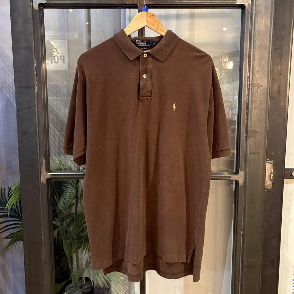 BR1912SB-F - Vintage Retro Ralph Lauren Plain Brown Polo Shirt Short Sleeve collared button up top  #Y2K #preppy #chiefkeef #oldmoney #ralphlauren