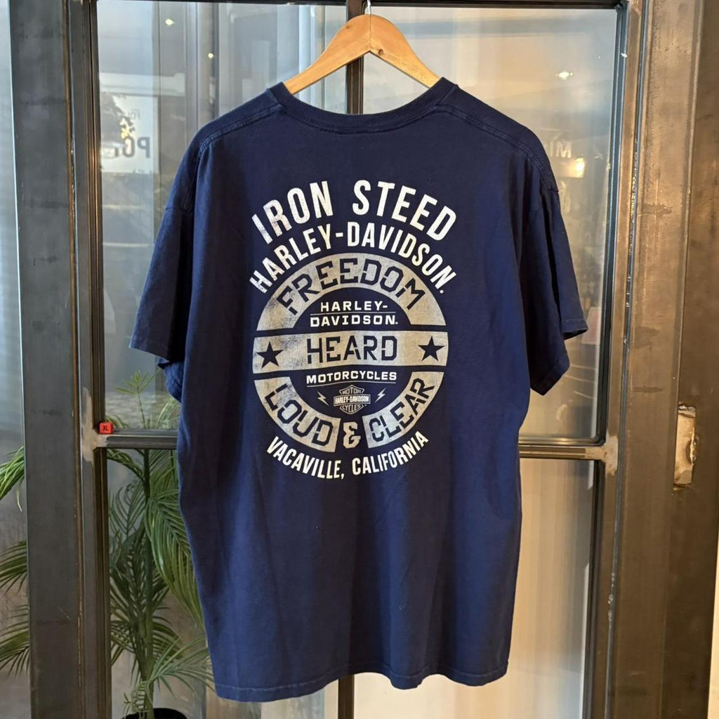 TEE645F1 - Vintage Retro Essential Harley Davidson Iron Steed Vacaville, California Navy Graphic Print Top Tee T-shirt #graphic #motorcycles #biker #harley #harleydavidson