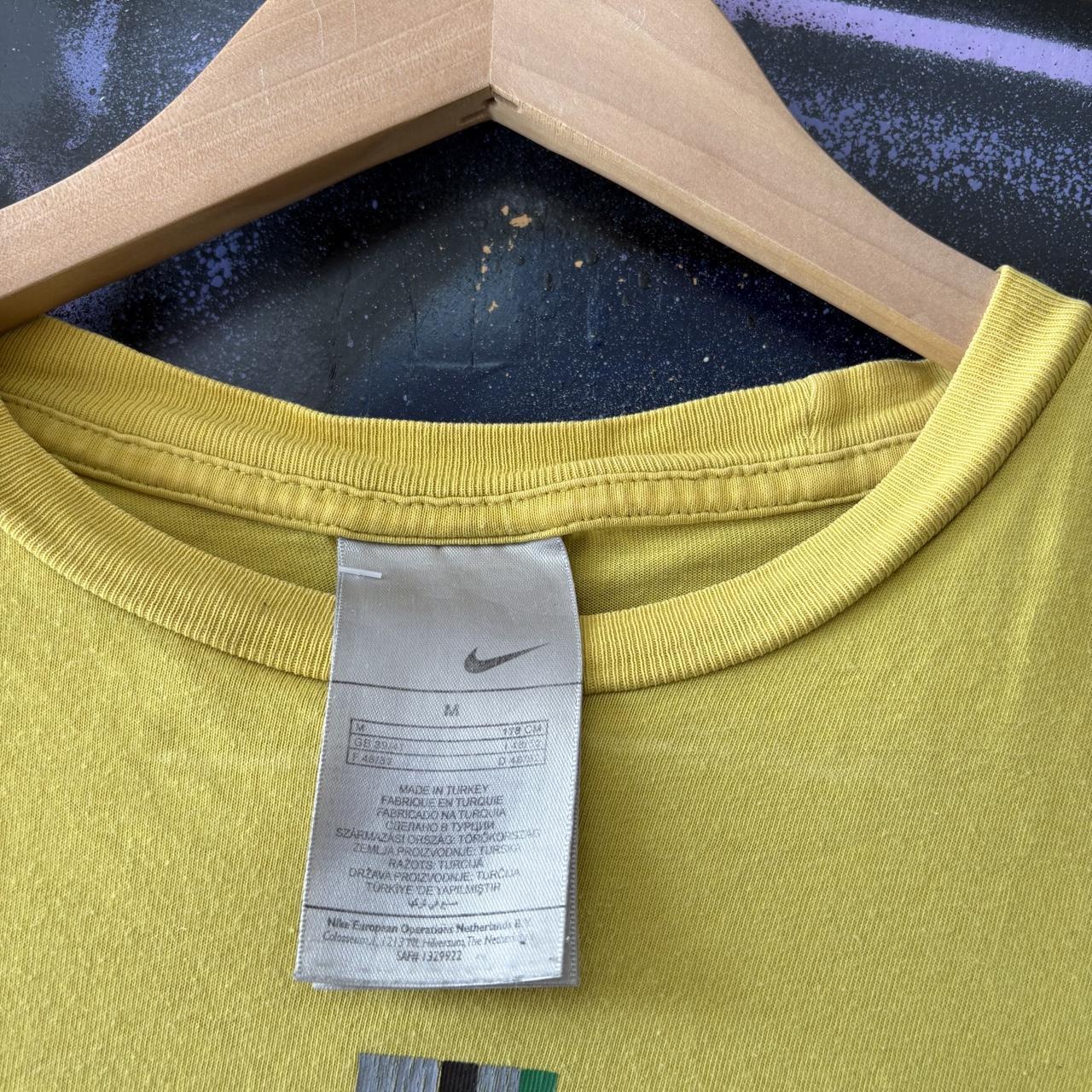 Vintage Nike Air T shirt Mens Small Yellow Stripe Block Spell Out Swoosh Graphic Print Joga Bonita Tee Top 90s Y2K 00s