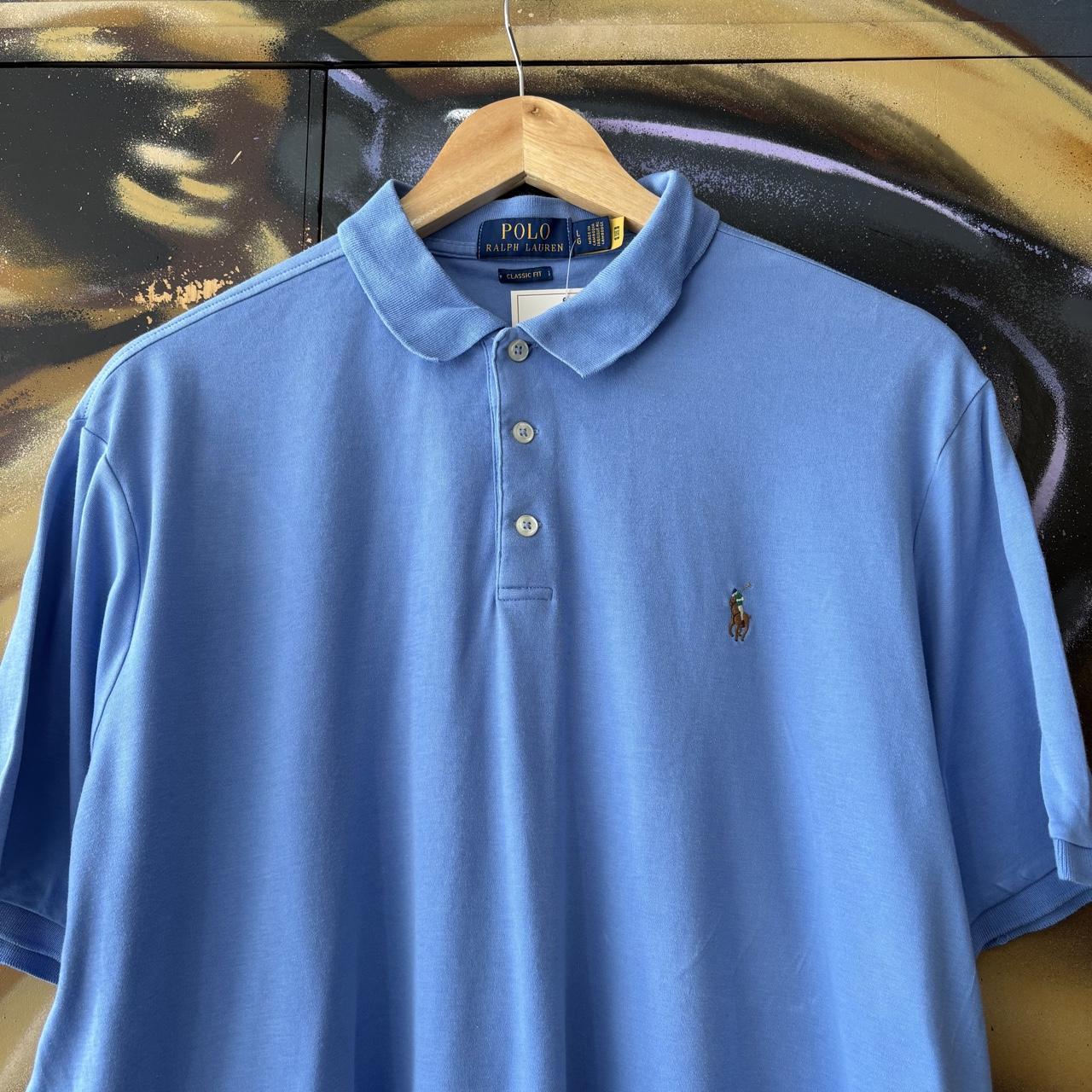 Vintage Ralph Lauren Polo Shirt Mens Large Plain Blue Preppy Pony Logo Collared Button Up Top Y2K 90s