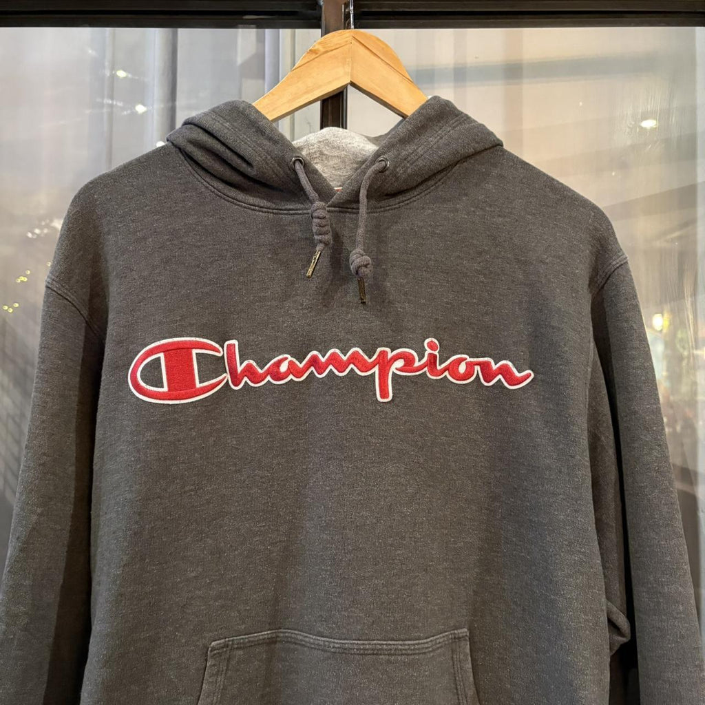 MA2207IZ-F - Vintage Retro Essential Dark Grey Champion Sweatshirt Hoodie with embroidered spellbout patch logo #90s #sportswear #essential #champion #y2k