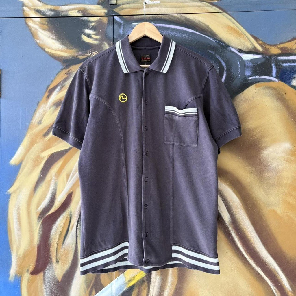Vintage Retro Evisu Black Full Button Up Cotton Japanese Polo Shirt Short Sleeve striped collared and hem  #Y2K #preppy #chiefkeef #oldmoney #evisu