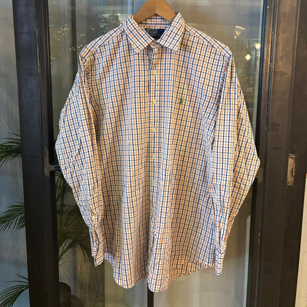 RLS251F - Vintage Ralph Lauren Orange and Blue Check Longsleeve collared button up polo shirt top #Y2K #preppy #chiefkeef #smartcasual #oldmoney