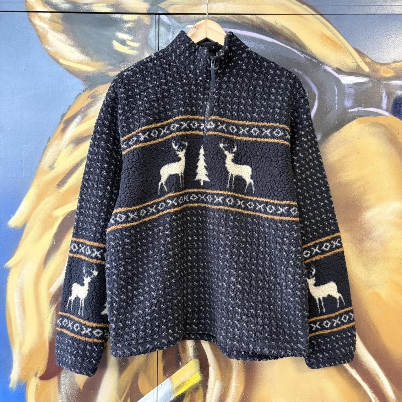 BR2701DH-U - Vintage retro essential Old Navy Blue 1/4 quarter zip up outdoor pattern deer sweatshirt  fleece jacket #pullover #outdoor #hike #deer #climbing