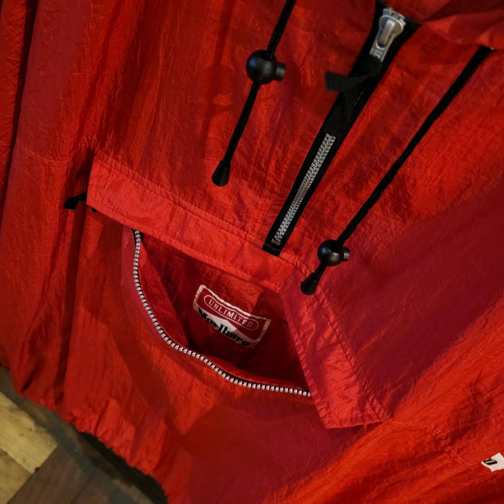 WDB041F - Vintage Retro Essential Malboro Unlimited Red Packaway Lightweight Windbreaker full zip up Jacket with patch logo on sleeve #windbreaker #lightweight #festival #marlboro #packaway