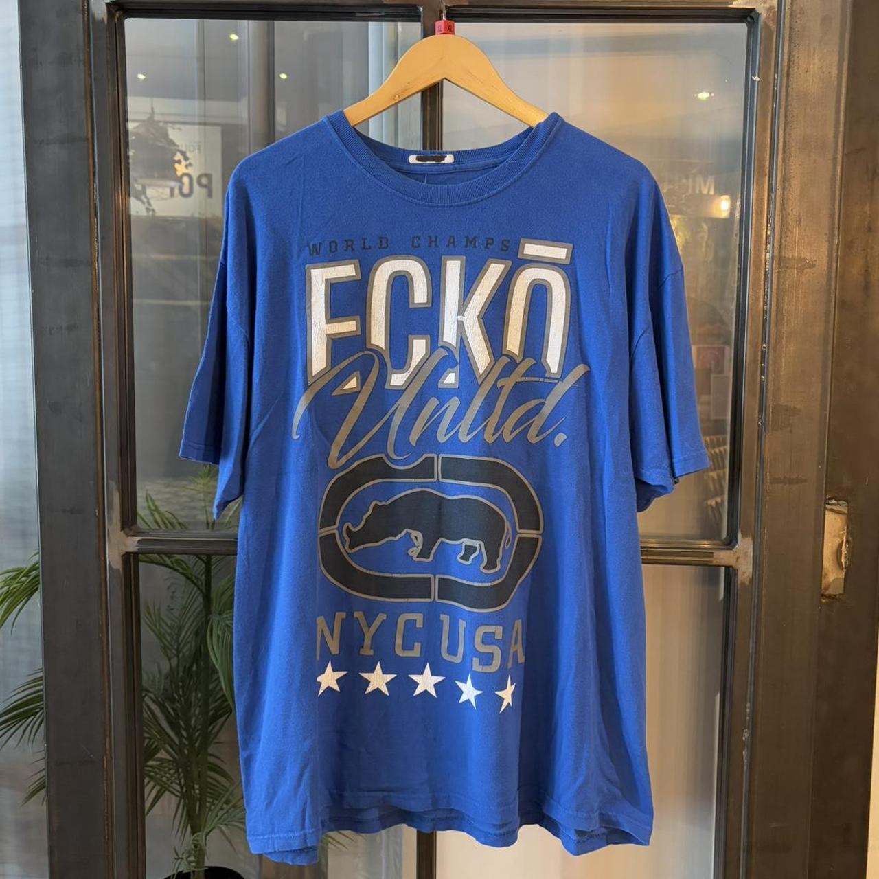 BR2409L-P - Vintage Retro Essential Blue Ecko Unltd. Spell out and Rhino Logo Graphic Print Top Tee T-shirt #90s #graphic #top #essential #ecko