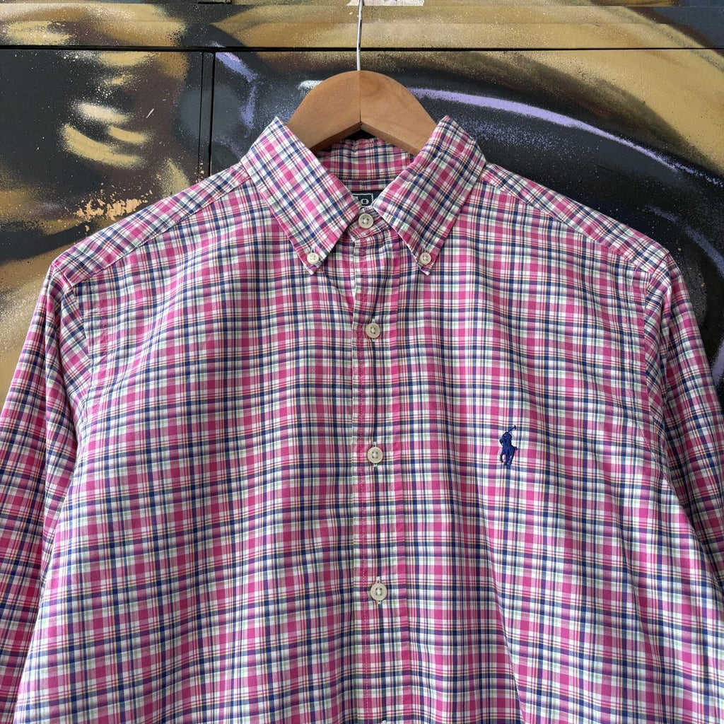 Vintage Ralph Lauren Polo Shirt Pink Check Preppy Pony Logo Collared Button Up Top Y2K 90s