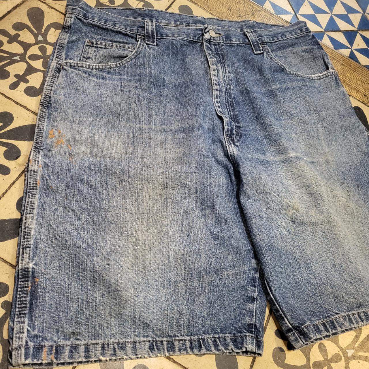 JRT5022 - Vintage Retro Blue Wash Denim Shorts Jorts with detailed embroidered patch Logo carpenter workwear #hiphop #carpenter #jorts #y2k #skater