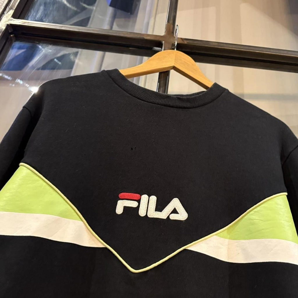 Vintage Retro Essential Black Fila Patterned Crewneck Jumper Sweatshirt with embroidered amd print logos #90s #sportswear #essential #y2k #fila