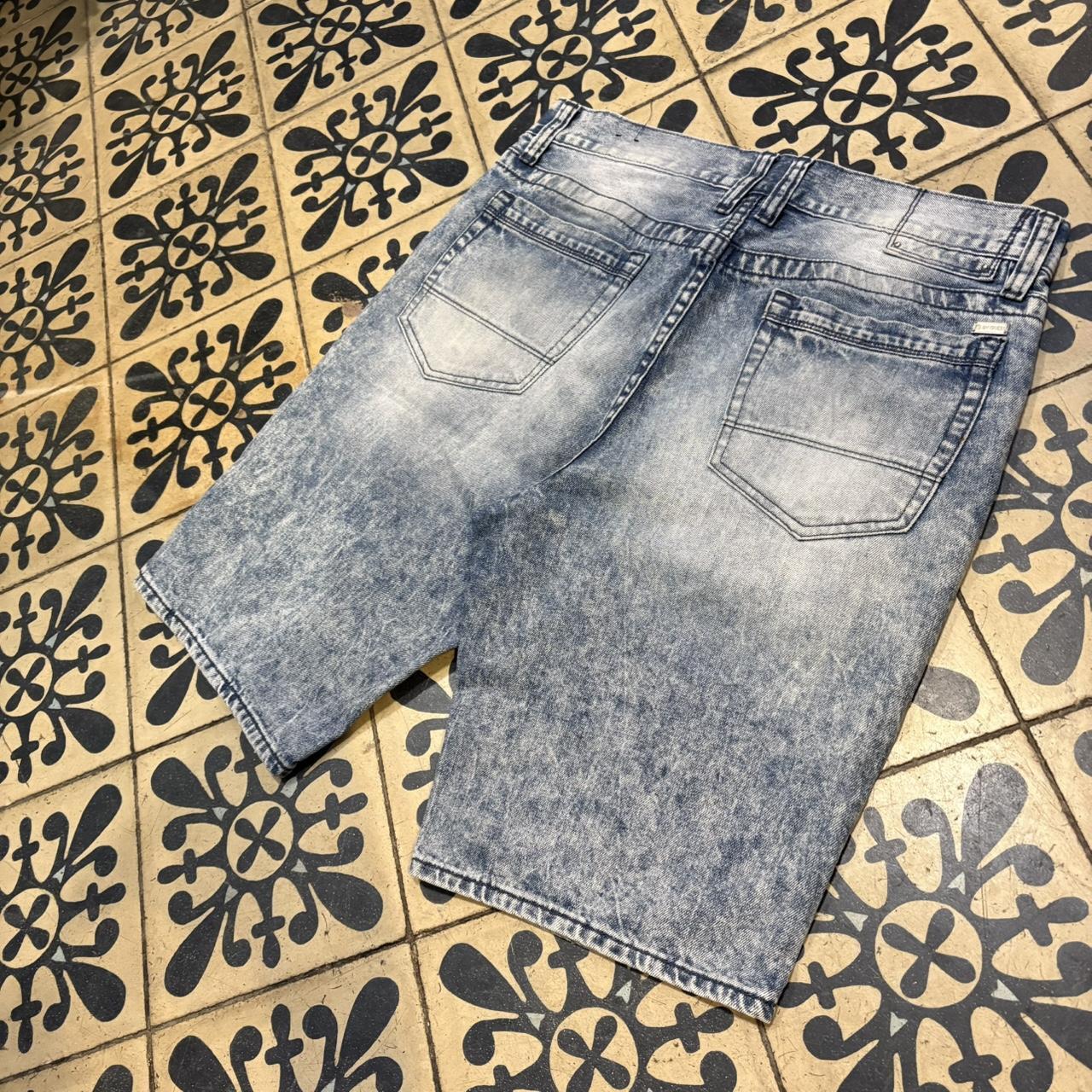 JRT144 - Vintage Retro Essential Guess Blue Wash Ribbed Biker Denim Shorts Jorts with detailed patch Logo #biker #y2k #jorts #skater #guess