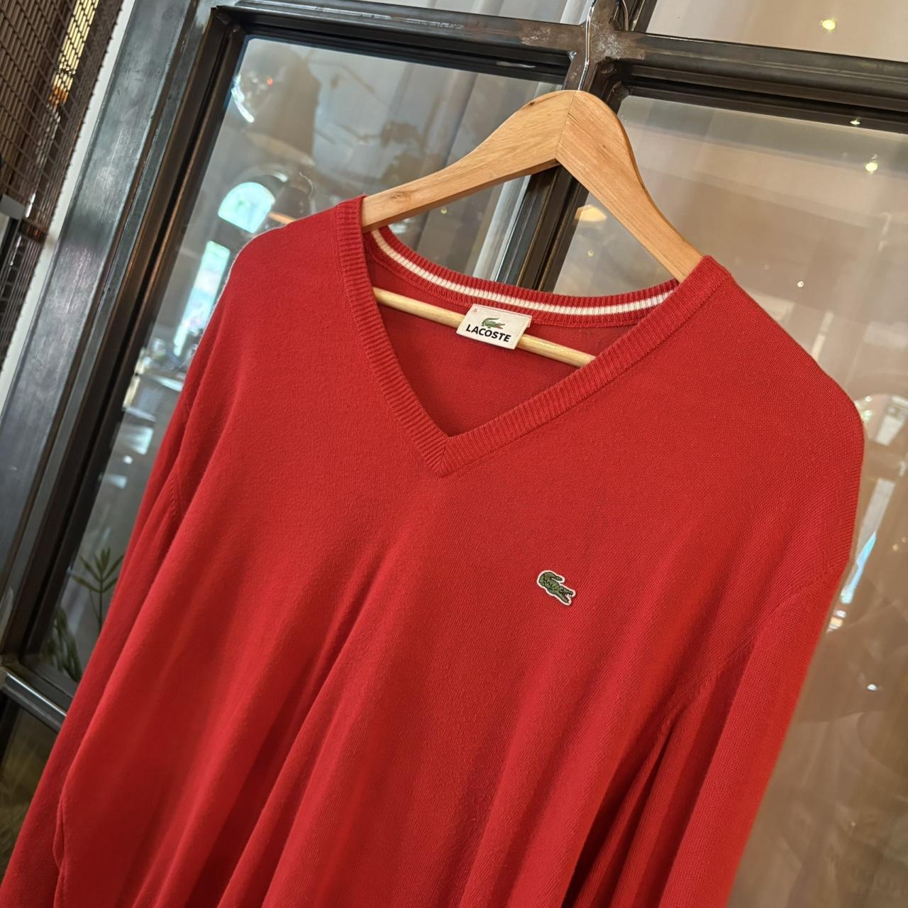 SWT575BR - Vintage Retro Essential Red Lacoste sweatshirt v-neck knit Jumper #lacoste #knitjumper #90s #preppy #knitted