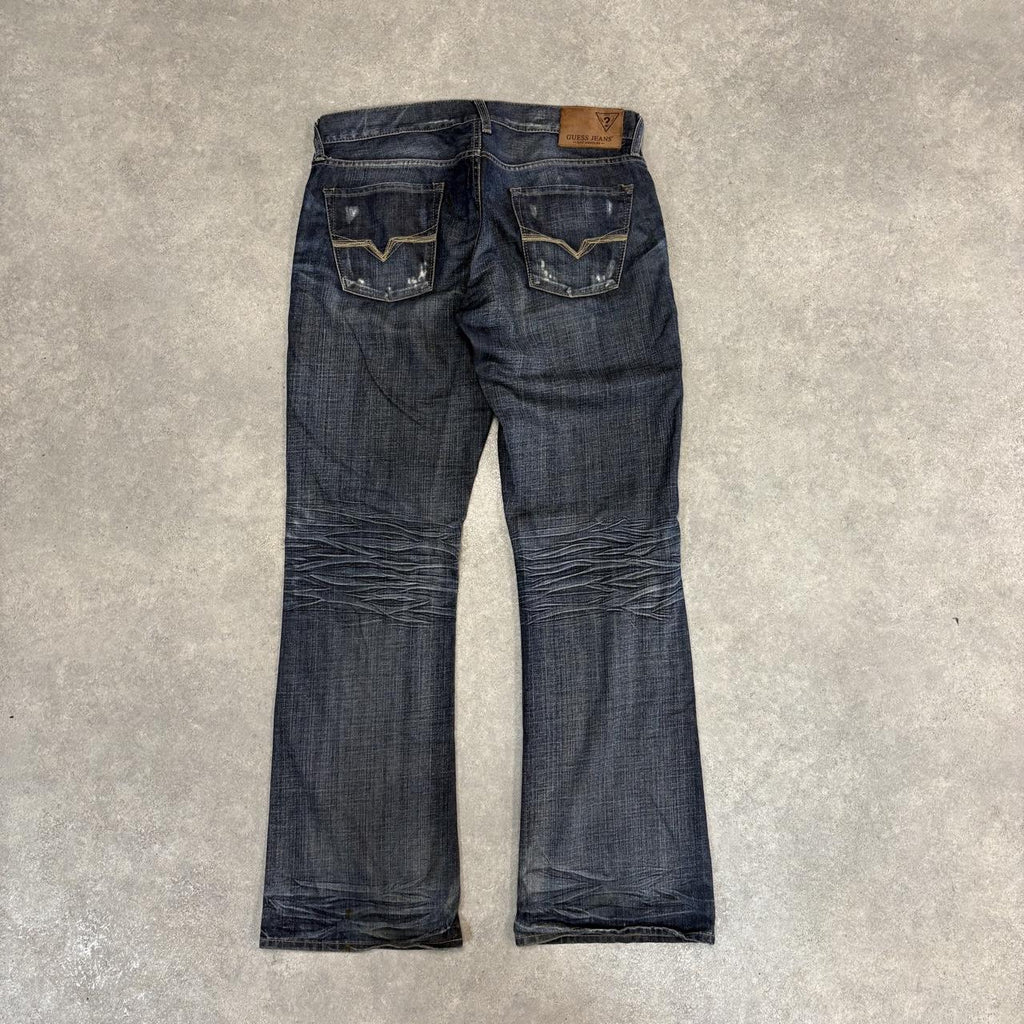 Vintage Guess Jeans Mens 36x34 Blue Denim Wash Ripple Patina Bootcut Embroidered Trousers 2000s 00s Y2K