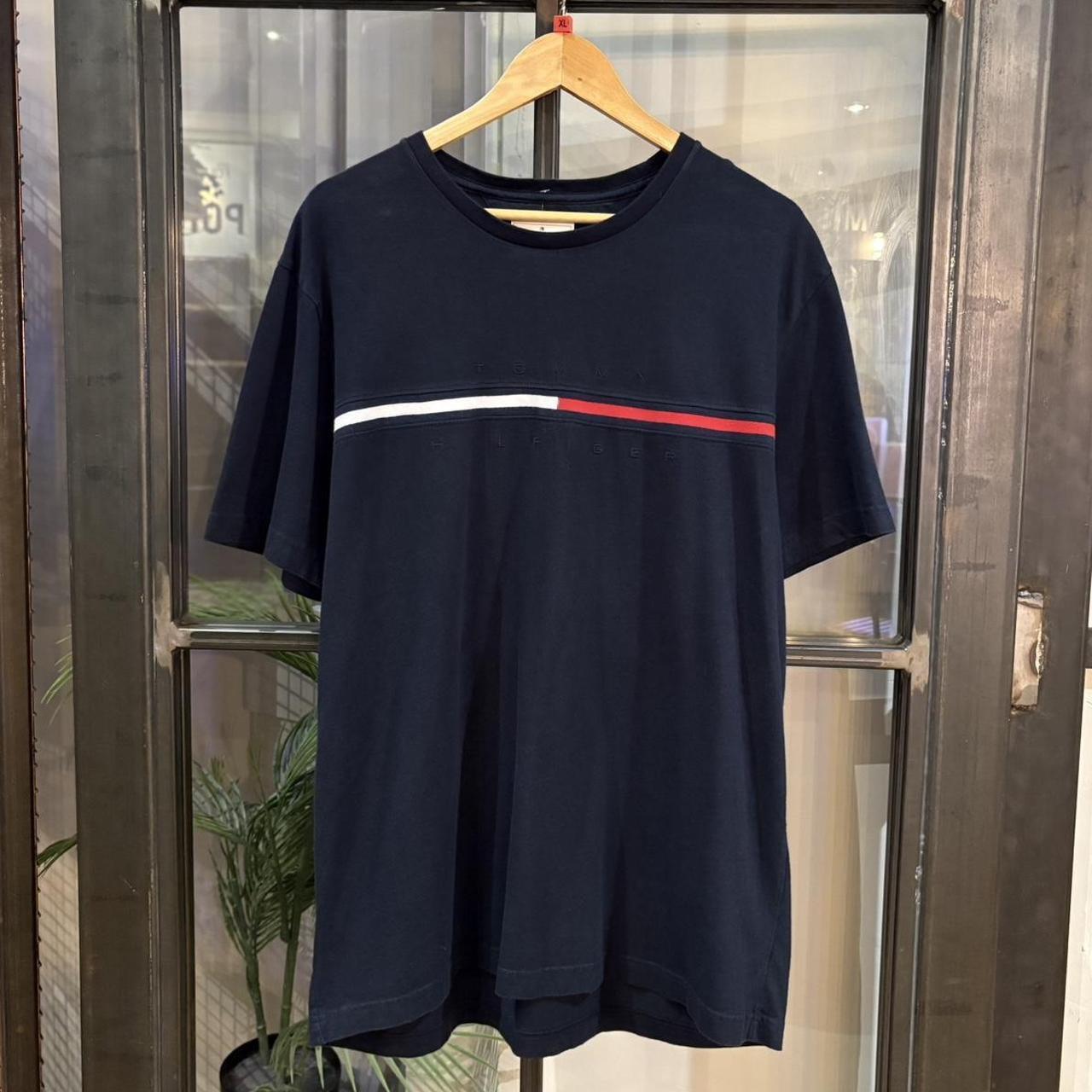 BR2409B-F - Vintage Retro Essential Navy Tommy Hilfiger Big Embroidered Centre Spell Out Logo Top Tee T-shirt #y2k #embroidered #top #essential #tommy