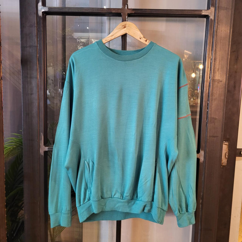 SWT258 - Vintage Retro Essential Adidas Turquiose Green sweatshirt jumper crewneck with Kangaroo Pocket Pouch and minimal red line detailing on arm #adidas #blank #sportswear #90s