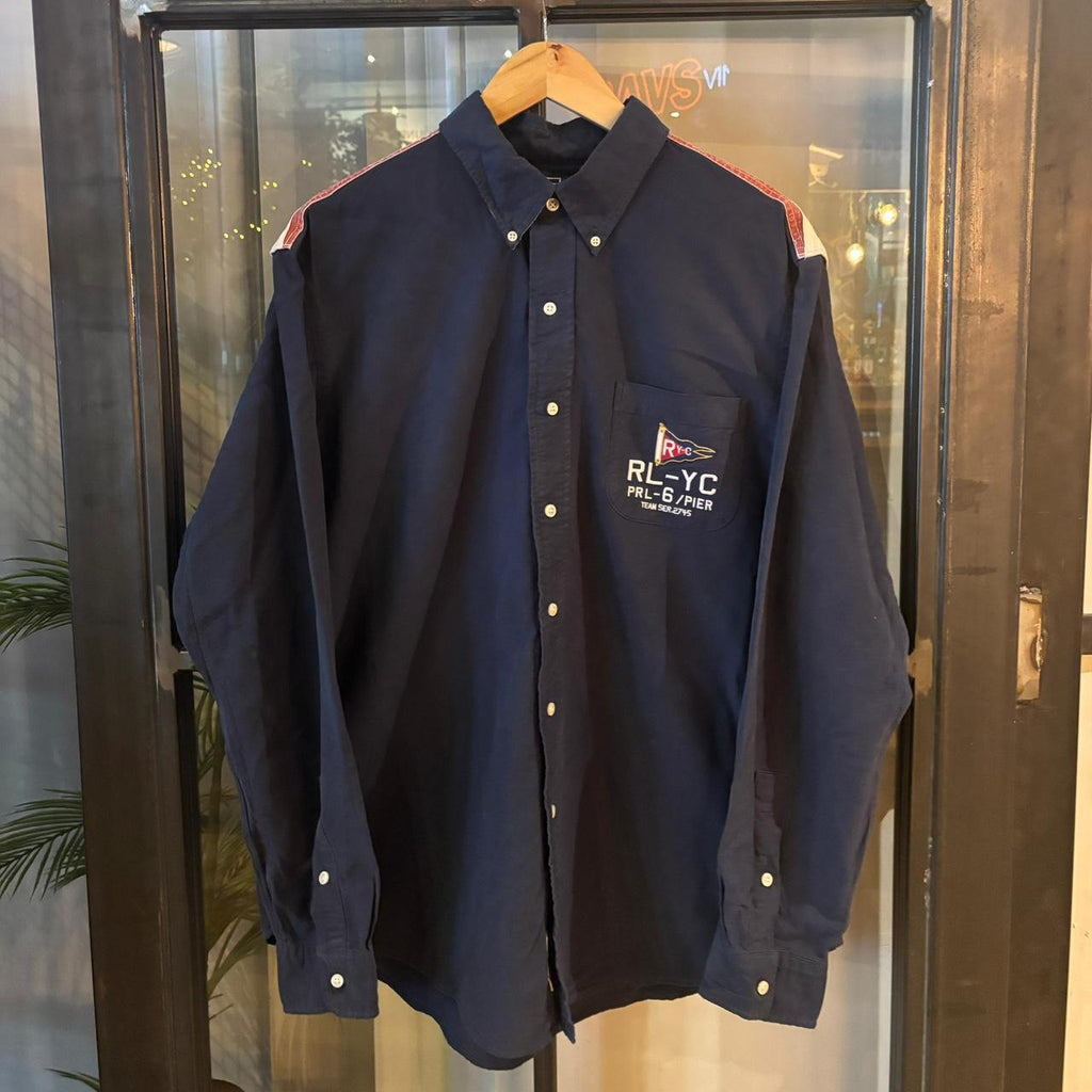 RLS231-F - Vintage Ralph Lauren Yacht Club Navy Longsleeve collared button up shirt top #Y2K #preppy #chiefkeef #smartcasual #oldmoney