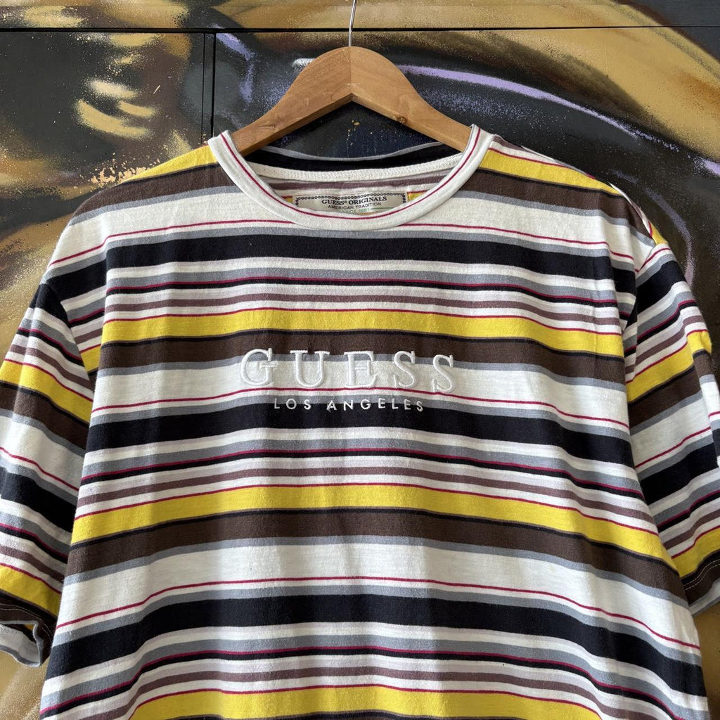 Guess Originals T shirt Mens Medium Multi-Colour Ashton Horizontal Striped Embroidered Logo Los Angeles Tee Top 90s Y2K 00s