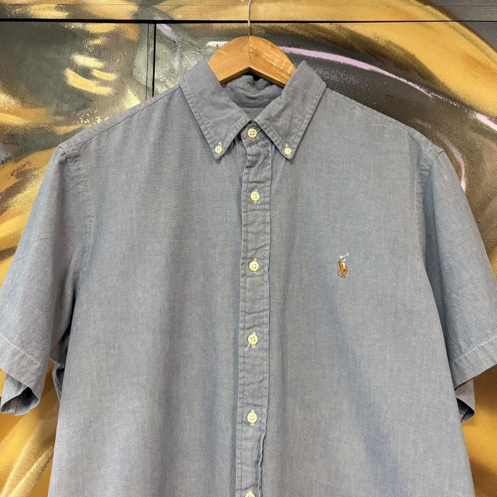 BR1912YP-U - Vintage Ralph Lauren Plain Blue Short Sleeve collared button up polo shirt top #Y2K #preppy #chiefkeef #smartcasual #oldmoney