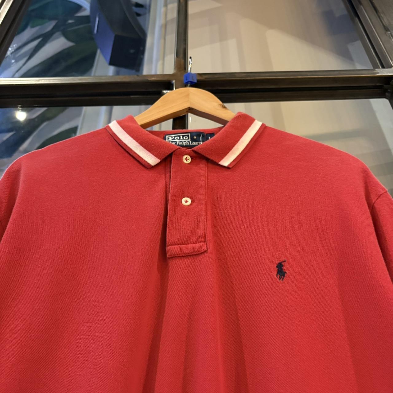 BR1209JV-F - Vintage Retro Ralph Lauren Plain Red Polo Shirt Short Sleeve with stripes white collared button up top  #Y2K #preppy #chiefkeef #oldmoney #ralphlauren