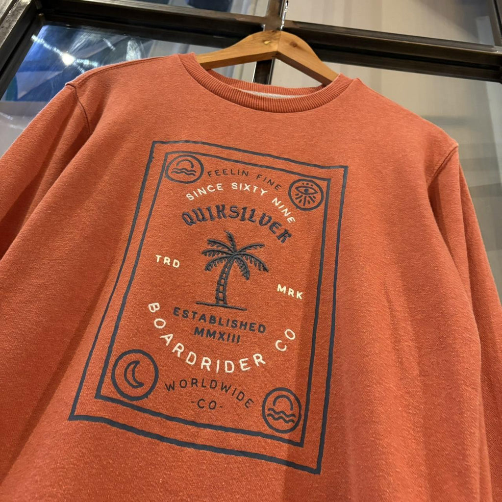 MA0406EM-P - Vintage Retro Essential Orange Quiksilver Crewneck Jumper Sweatshirt with embroidered and print logos #90s #skater #surfer #quiksilver #y2k