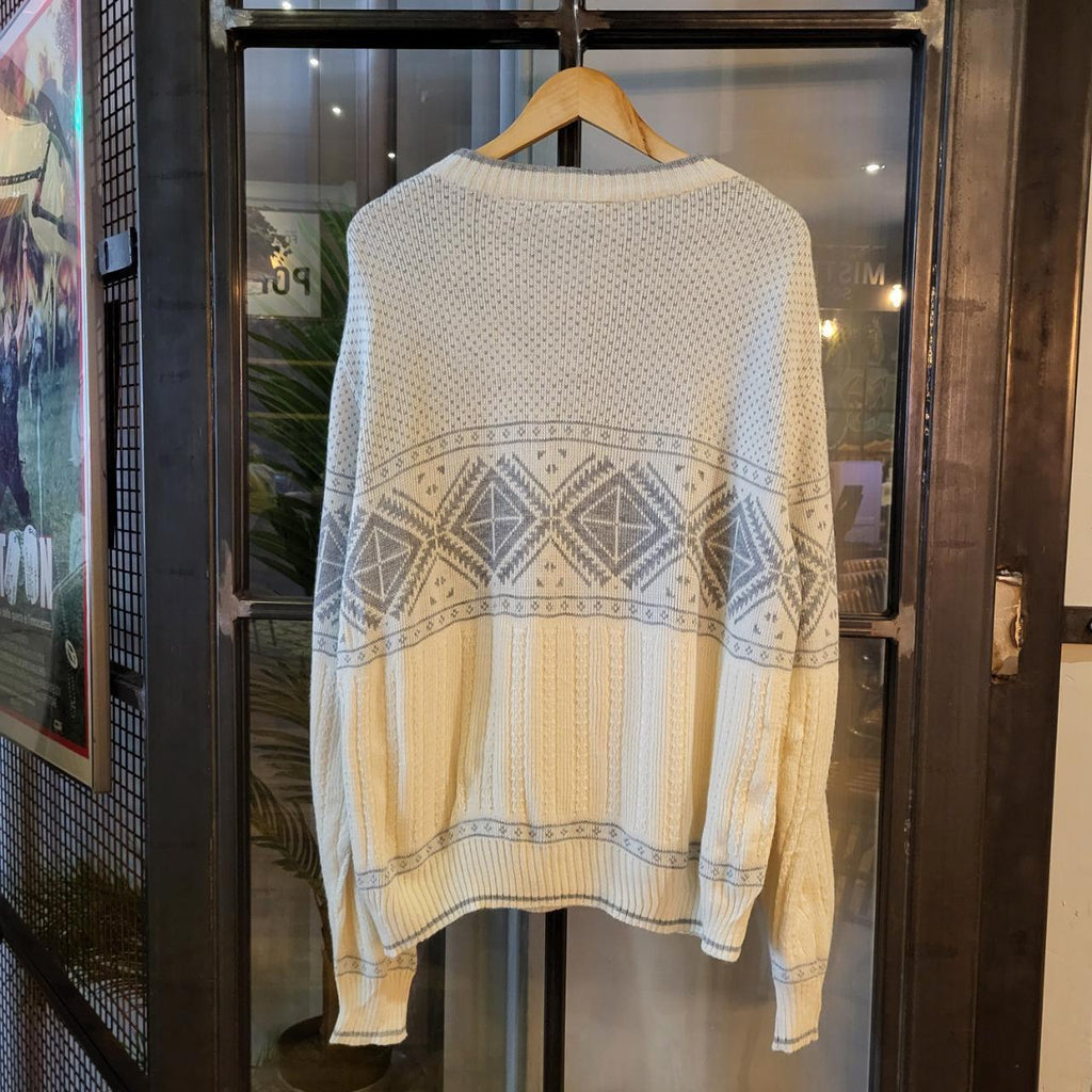 KNT1025 - Vintage Retro Essential mens multicoloured Cream light grey patterned argyle golf grandpa knitted cosby sweatshirt jumper crewneck 90s y2k