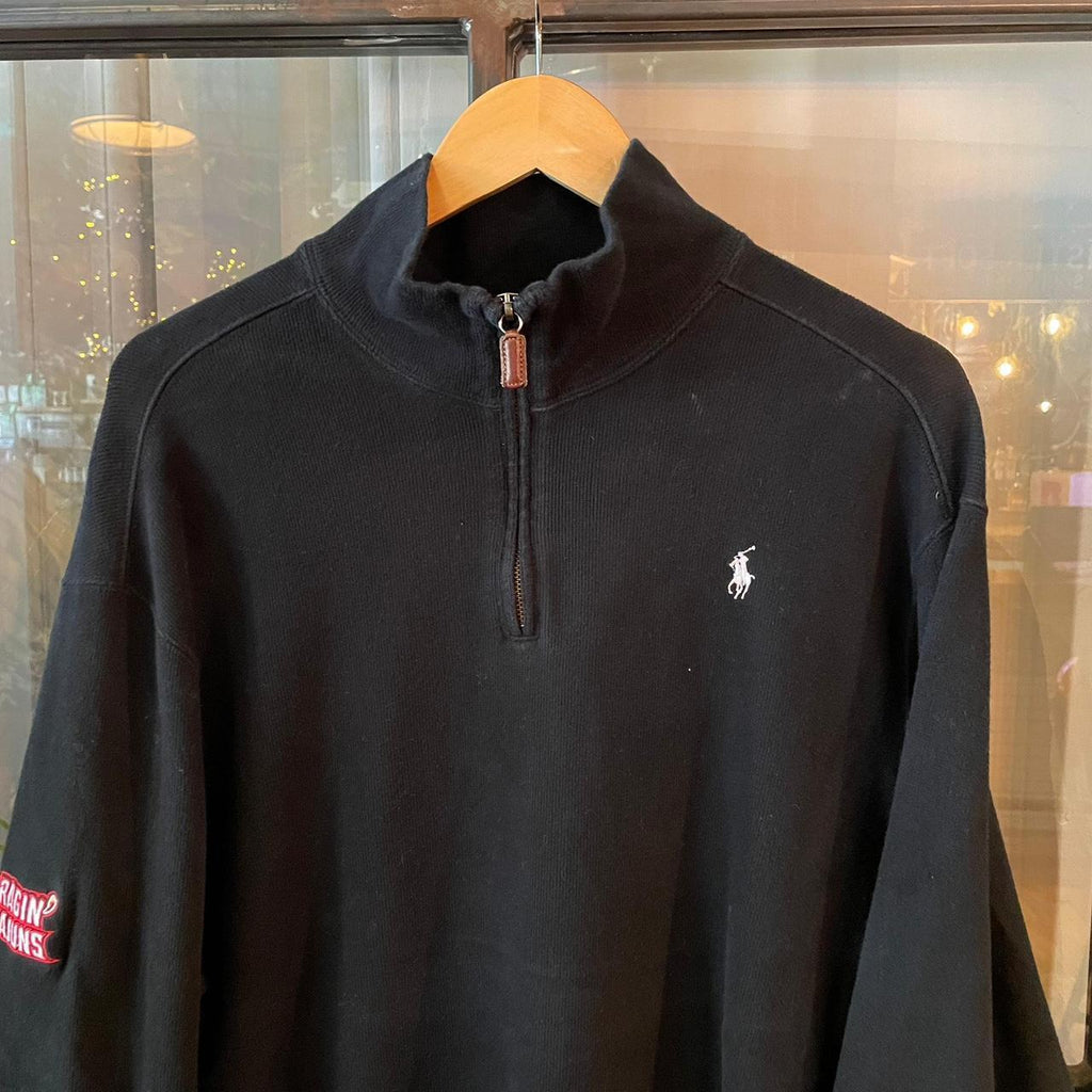 0325D49F - Vintage Retro Essential Black Polo Ralph Lauren 1/4 Zip fleece Jumper with embroidered ragin cajuns #oldmoney #fleece #smartcasual #preppy #poloralphlauren