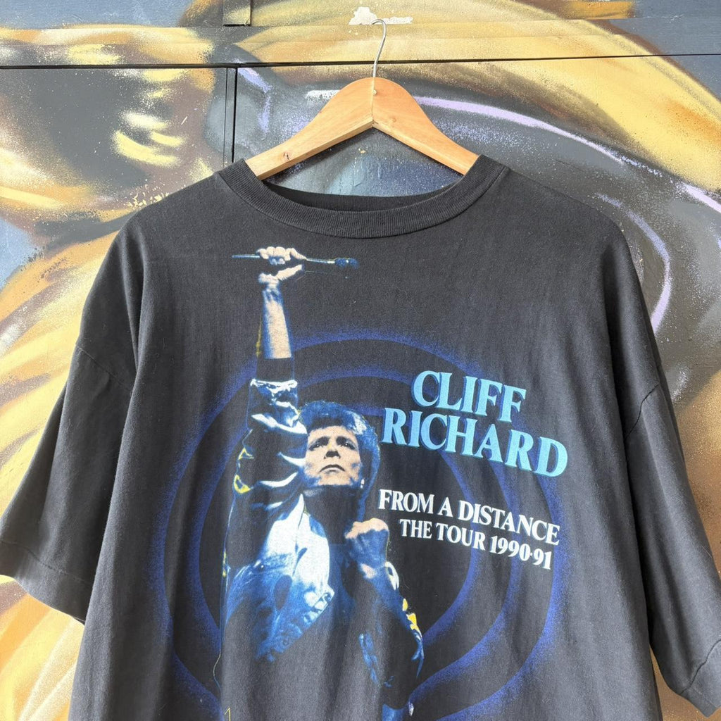 MES2710Q-U - Vintage Retro Essential Cliff Richards From a Distance 1990-91 Music Concert Tour Birmingham, Aberdeen, London Black Single Stitch Graphic Print Top Tee T-shirt #90s #concert #cliffrichards #london #tour