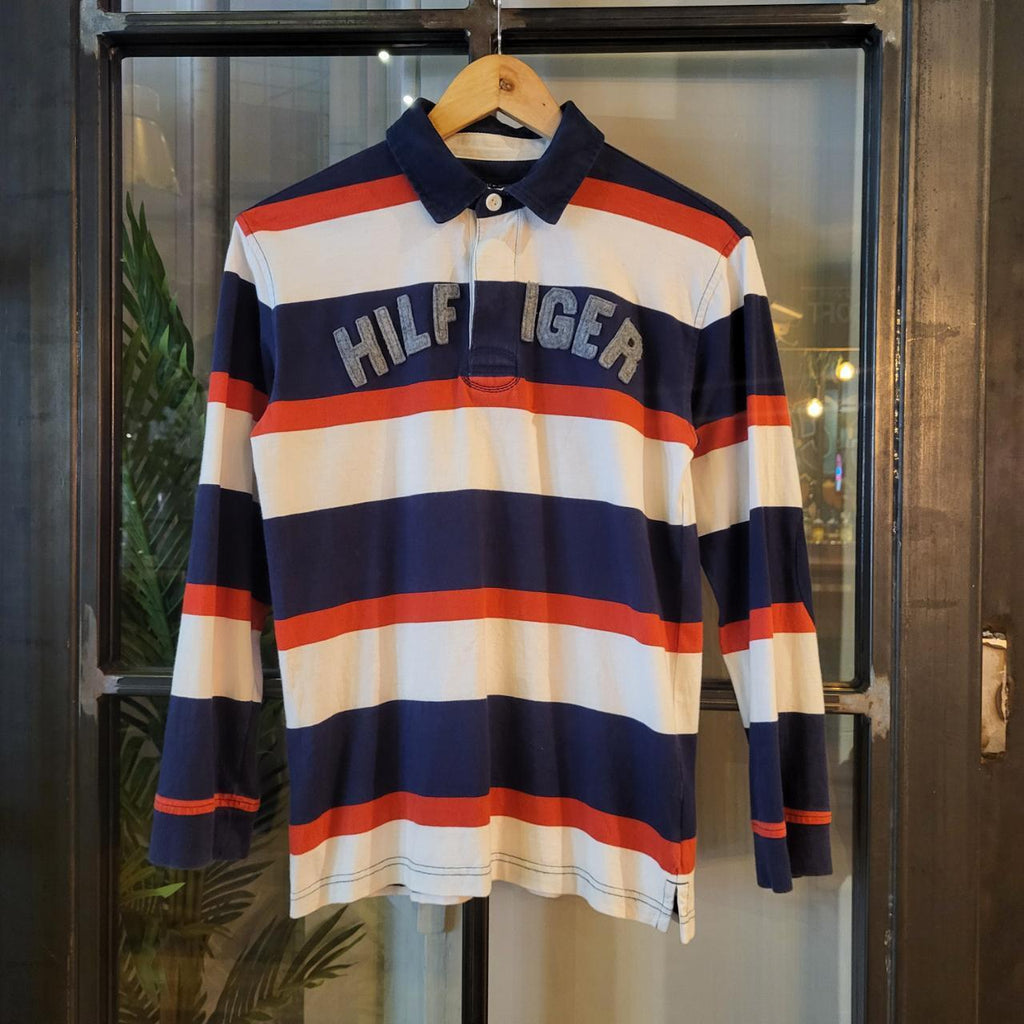 RTJ006 - Vintage retro essential mens Tommy Hilfiger longsleeve polo Rugby Jersey Collared sweatshirt jumper striped old money preppy with small embroidered horse chest logo smart casual 90s y2k style