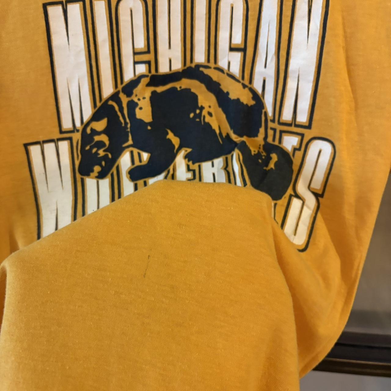TEE506F - Vintage Retro Essential Mustard Michigan Wolverines Single Stitch Graphic Print Top Baby Tee T-shirt #80s #singlestitch #babytee #michigan #wolverines