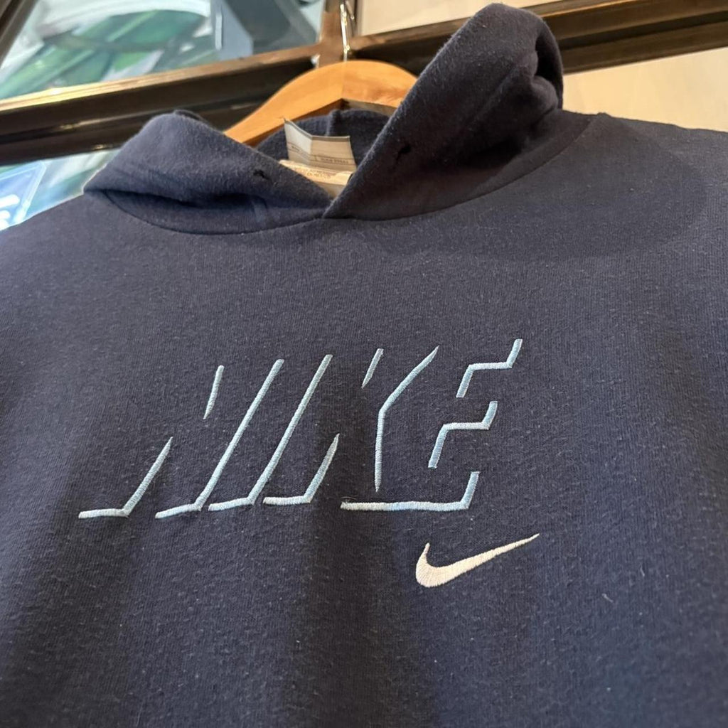 Vintage Nike Centre Solo Swoosh Hoodie Navy Blue Mens Large Sweatshirt Skate Surf Jumper 90s Y2K 00s