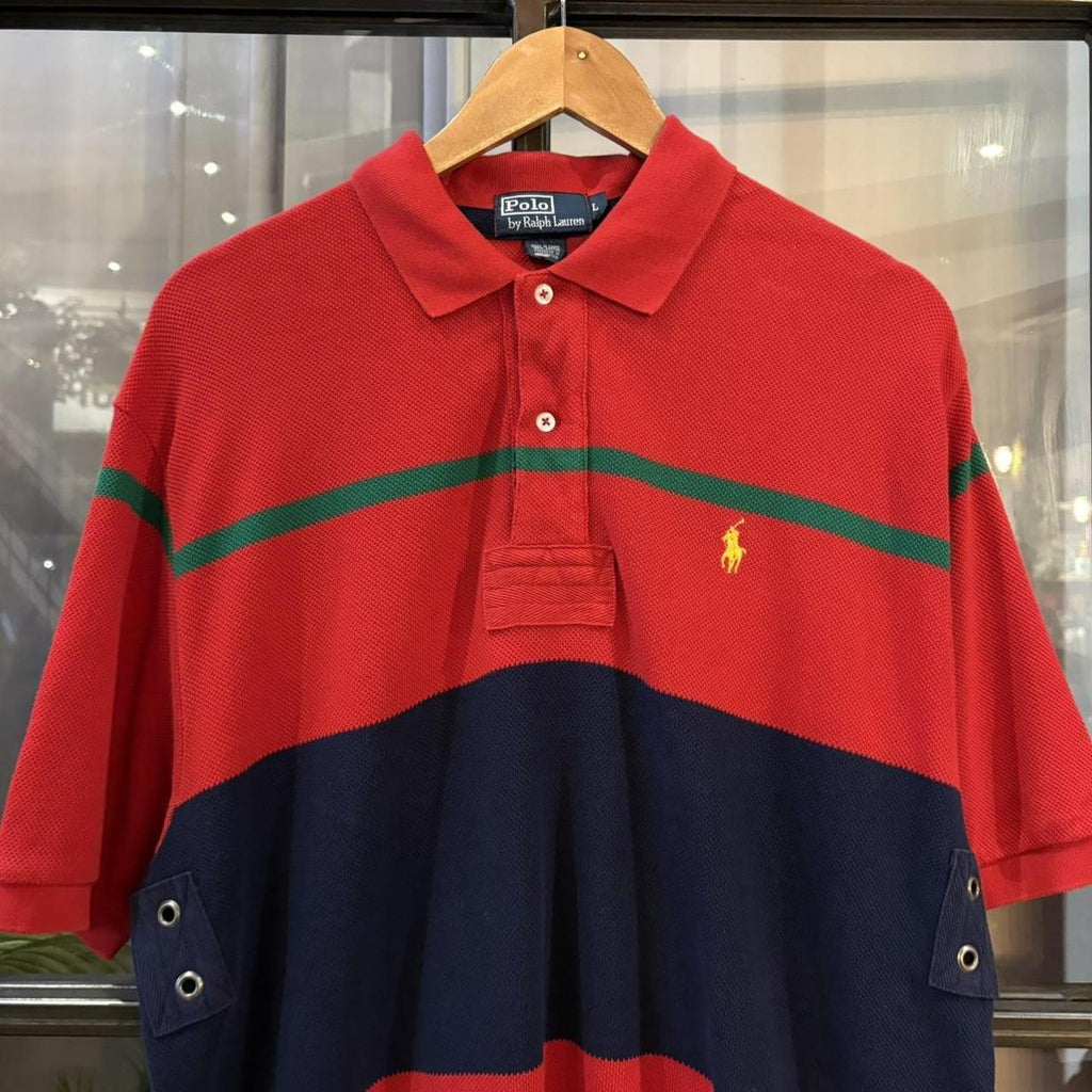 POL597-P - Vintage Retro Ralph Lauren Red and Navy Polo Shirt Short Sleeve collared button up top  #Y2K #preppy #chiefkeef #oldmoney #ralphlauren