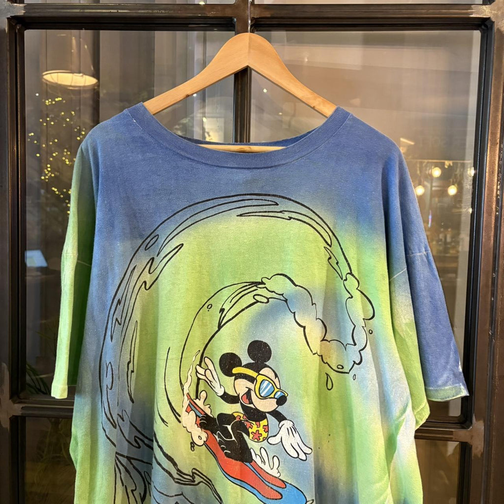TEE459F - Vintage Retro Essential Blue and Green Tie-Dye Mickey Mouse Surfing Graphic Print Top Tee T-shirt on Mickey Unlimited Tag #singlestitch #tiedye #surfing #disney #mickeymouse
