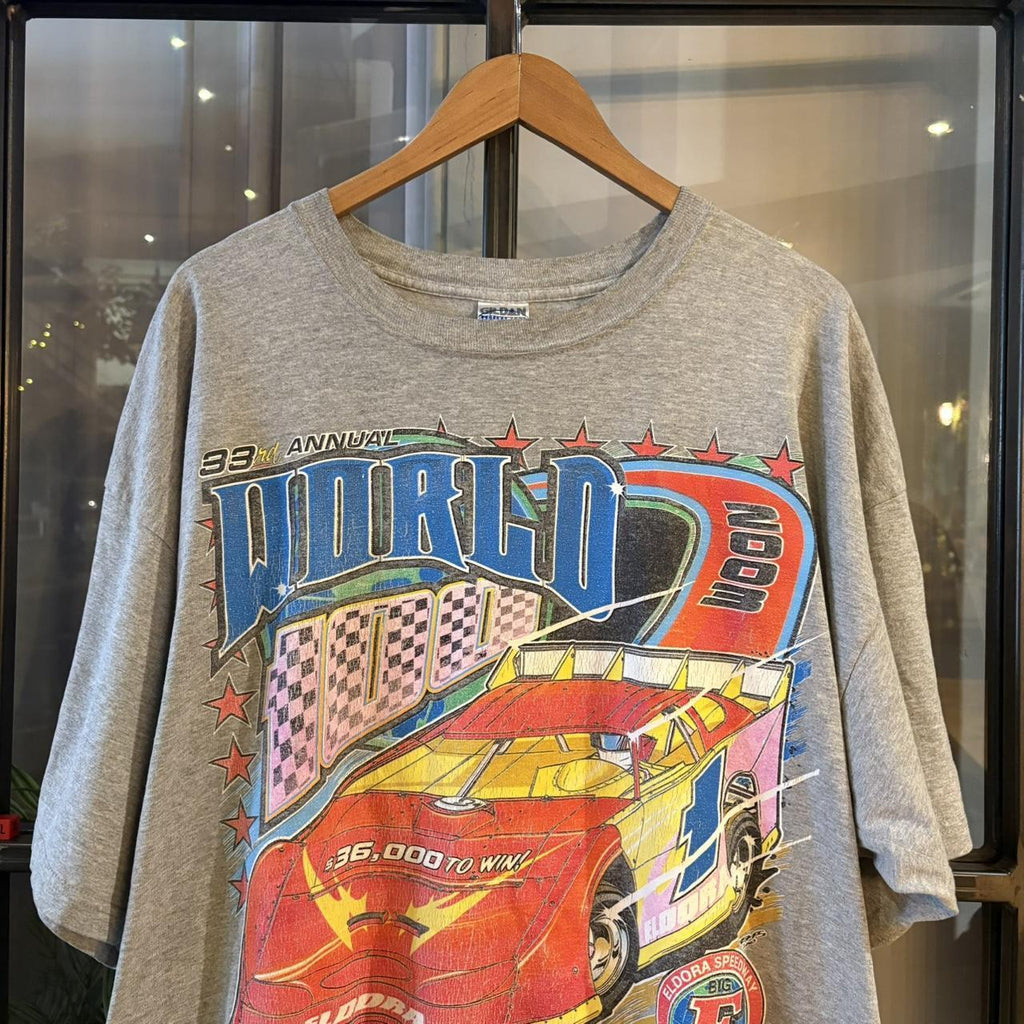 TEE665F - Vintage Retro Essential Grey Nascar 2003 Eldora Speedway 33rd Annual World 100 Rossburg Ohio Cars Graphic Print Top Tee T-shirt #90s #graphic #racing #nascar #racer