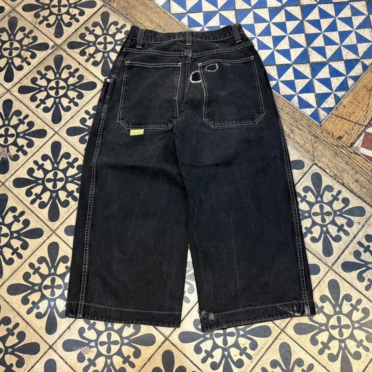 BR1710A - American Vintage Retro Essential  JNCO Black Wash Denim Shorts Jorts with detailed embroidered patch Logos hip hop baggy wide leg 90s 00s y2k grunge streetwear style workwear #hiphop #90s #jorts #skater #jnco