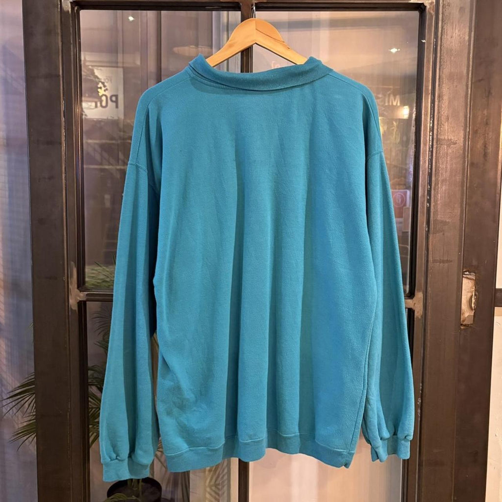 0425D42-P - Vintage Retro Essential Blue Nike Mock Neck Jersey 1/4 Button Up Jumper Sweatshirt with embroidered patch logo #90s #sportswear #essential #y2k #nike