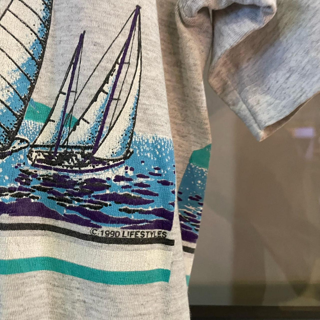 1224H01P - Vintage Retro Essential Grey Cailifornia Sailing Graphic All Over Print Single Stitch Top Tee T-shirt #90s #aop #top #boating #sailing