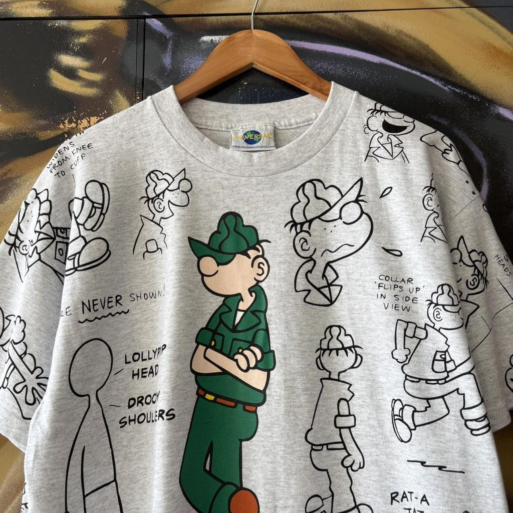 Vintage Universal Studios T Shirt Mens Large Grey AOP Graphic Cartoon Beatle Bailey Tee Top 90s USA
