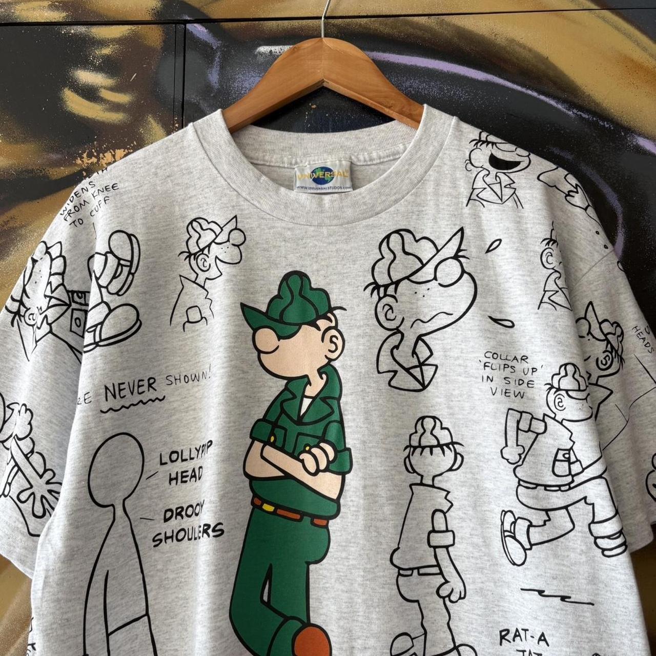 Vintage Universal Studios T Shirt Mens Large Grey AOP Graphic Cartoon Beatle Bailey Tee Top 90s USA