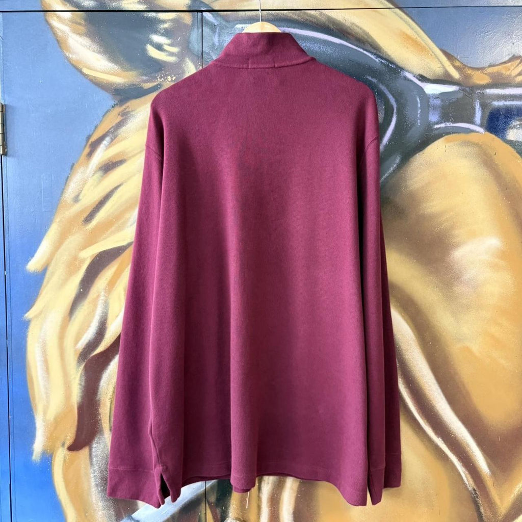 Vintage Red Ralph Lauren Quarter Zip Sweatshirt Jumper Top preppy essential smart casual with coloured spellout embroidered logo pony horse Wine maroon 00s 90s Y2K Cheltenham races horse racing old money estate rib
