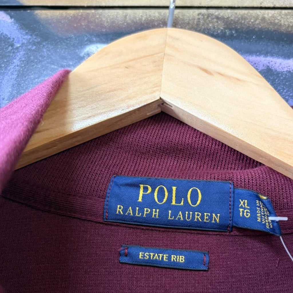 Vintage Red Ralph Lauren Quarter Zip Sweatshirt Jumper Top preppy essential smart casual with coloured spellout embroidered logo pony horse Wine maroon 00s 90s Y2K Cheltenham races horse racing old money estate rib