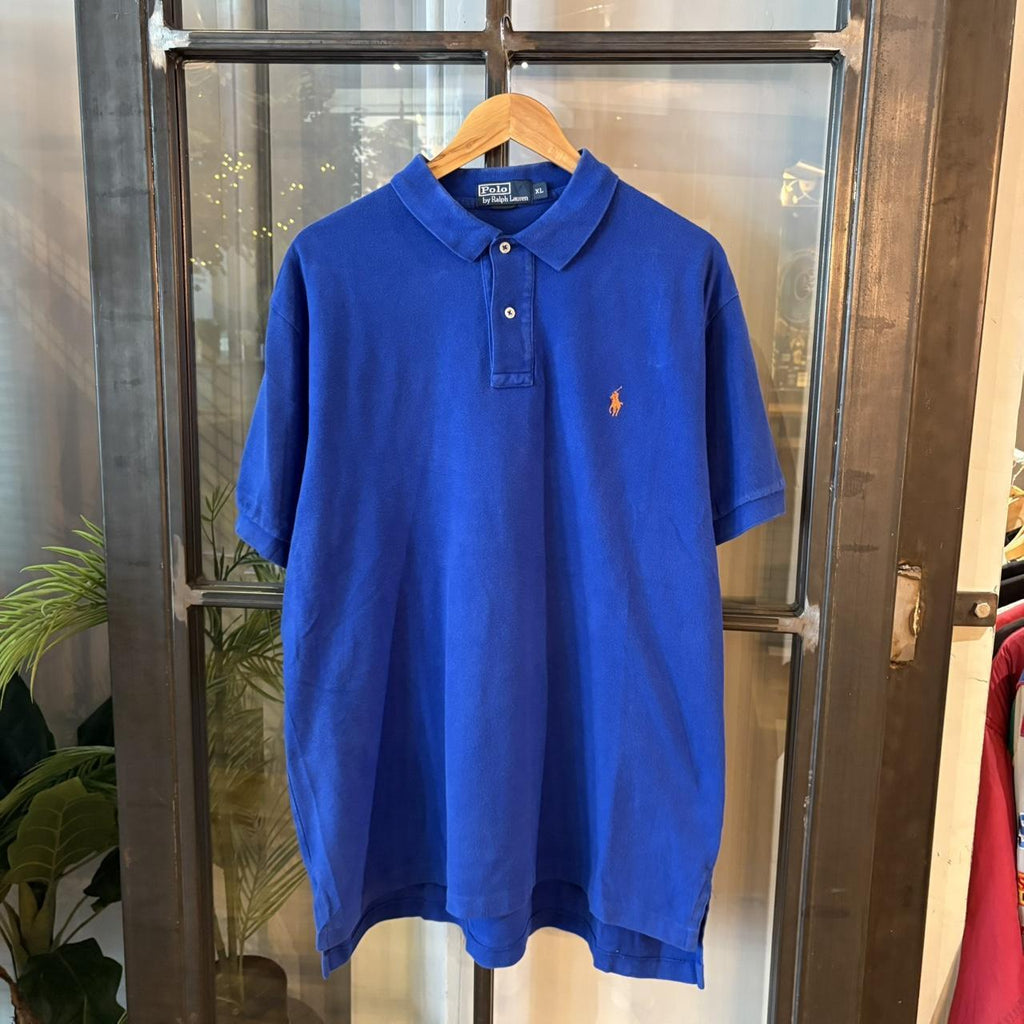 POL395F - Vintage Retro Ralph Lauren Blue Plain Polo Shirt Short Sleeve collared button up top  #Y2K #preppy #chiefkeef #oldmoney #ralphlauren