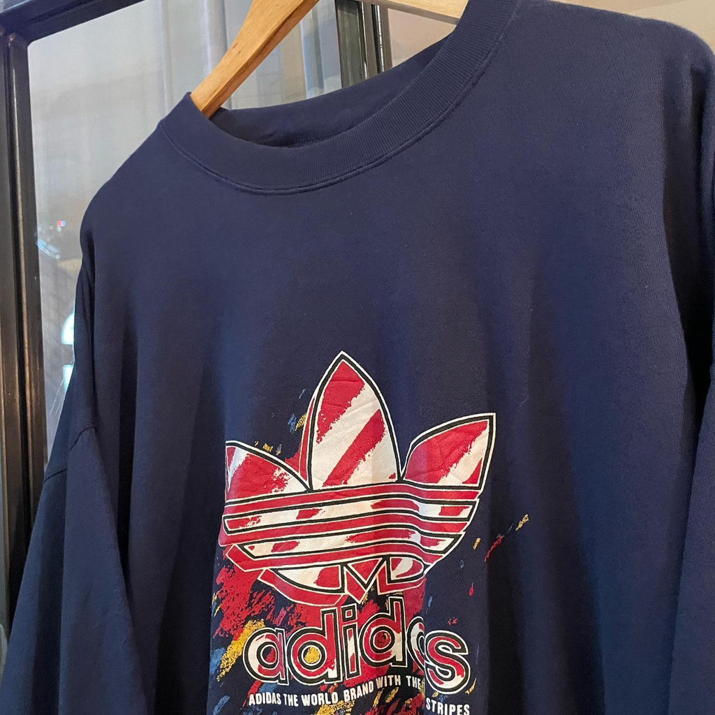 SWT444 - Vintage Retro Essential Navy Adidas Crewneck Jumper Sweatshirt with big spellout print logo #90s #sportswear #essential #adidas #y2k
