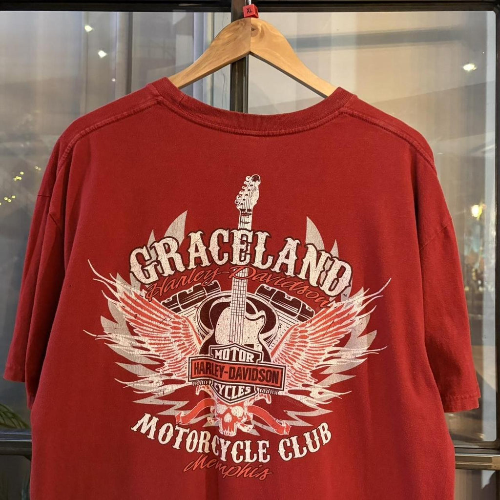 BR2401BM-P - Vintage Retro Essential Burgundy Red Harley Davidson Graceland, Memphis Graphic Print Top Tee T-shirt #graphic #motorcycles #biker #harley #harleydavidson